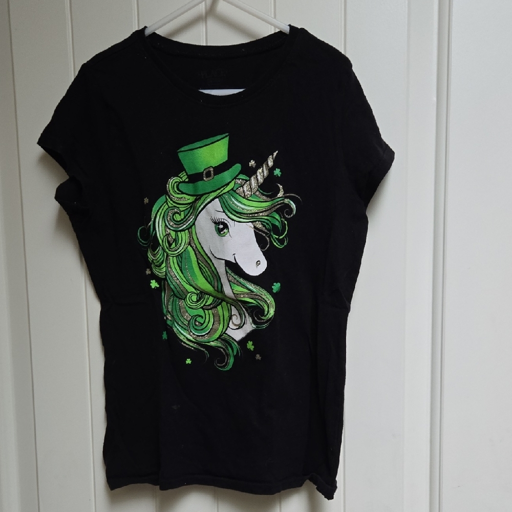 The Children Place Black Green Unicorn Kids T-Shirt Large St Patrick Day